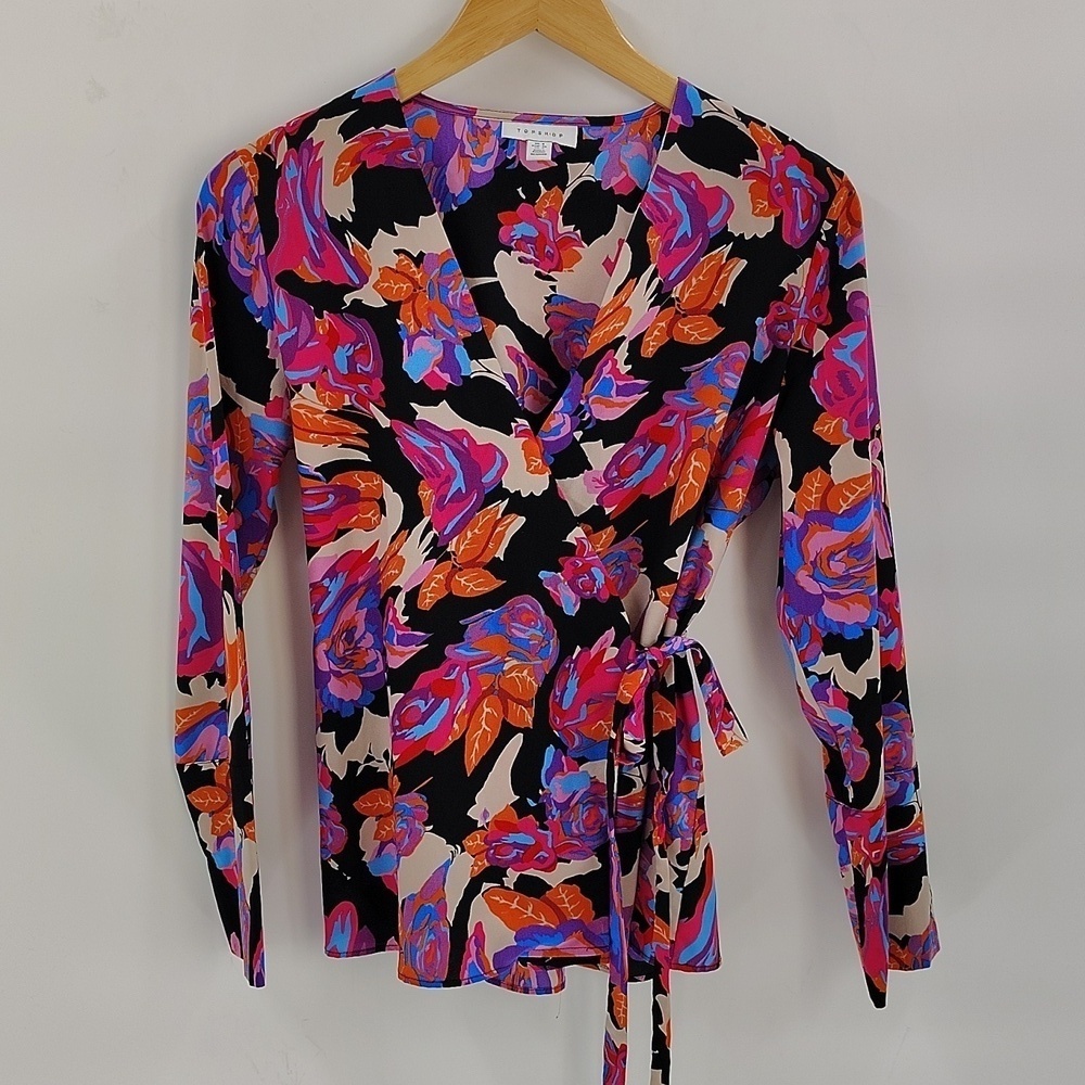 TOPSHOP multicolor floral print wrap top size 4 long sleeve large cuffs vibrant